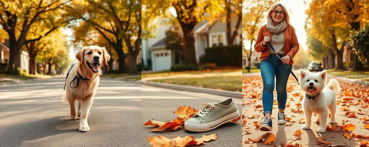 Collage: dog on a leash, walking shoes on autumn leaves, walker with a small dog