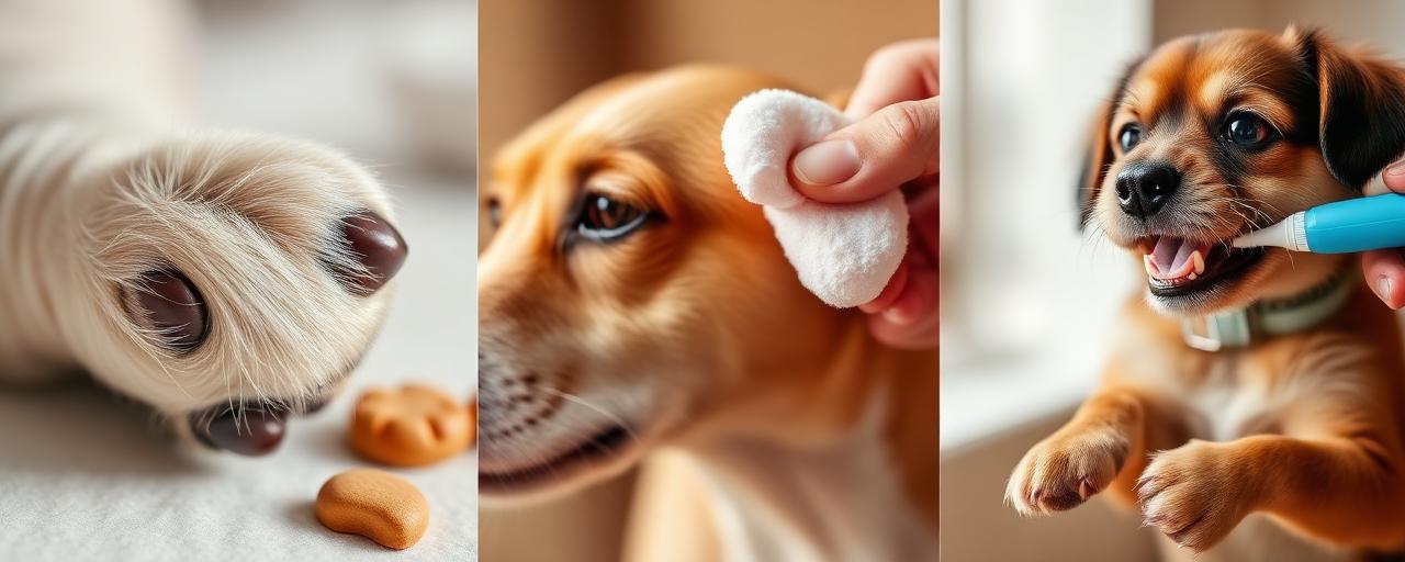 Collage: nail trim with a treat, ear clean with a cotton pad, puppy teeth brushing