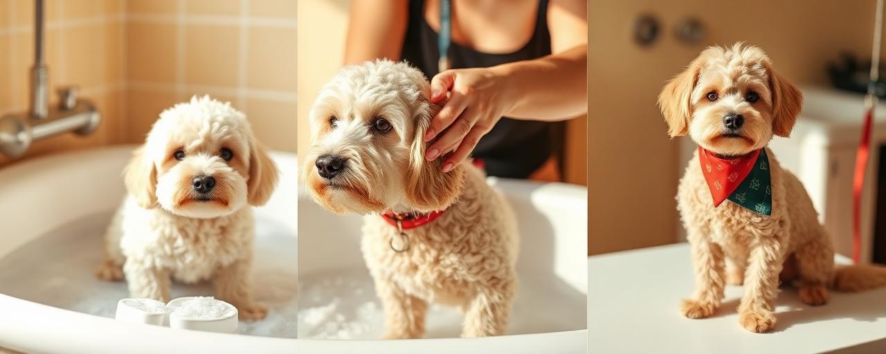Collage: dog in a bath, groomer brushing a poodle, freshly groomed dog with a bandana